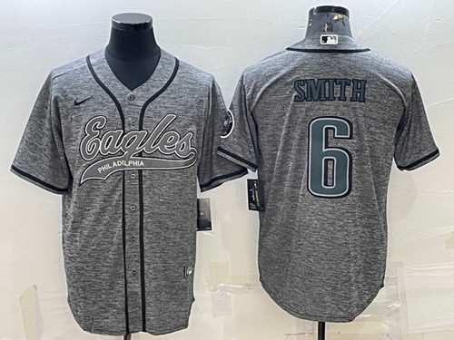 Men's Philadelphia Eagles #6 DeVonta Smith Gray With Patch Cool Base Stitched Baseball Jersey